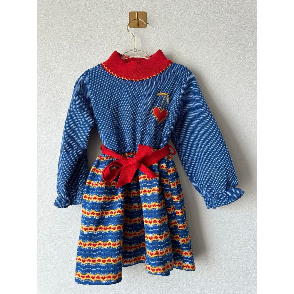 Vintage 70s Health-Tex Girls Dress Size 4T Red Blue Heart Fair Isle Storybook